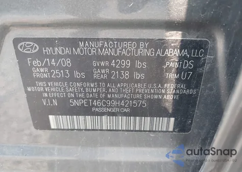 2009 Hyundai Sonata Gls from USA, damaged, VIN 5NPET46C99H421575